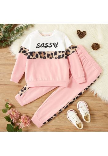 2-piece Toddler Girl Letter Leopard Print Colorblock Pullover and Pants Set