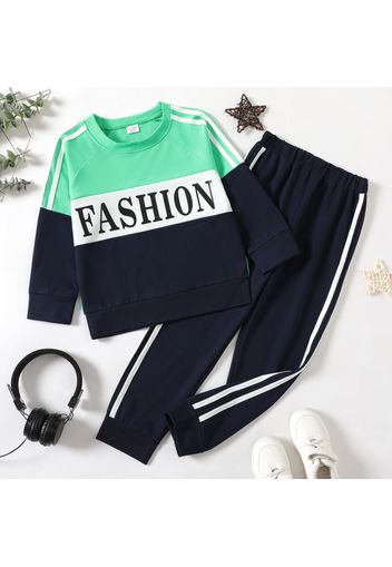 2-piece Kid Boy Letter Print Colorblock Raglan Sleeve Pullover Sweatshirt and Striped Pants Casual Set