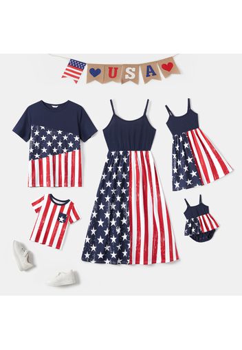 Family Matching Stars Stripes Print Spaghetti Strap Dresses and Short-sleeve T-shirts Sets