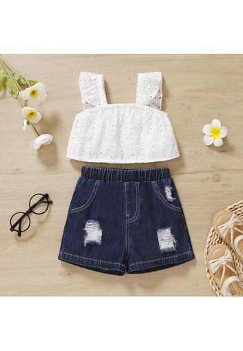 2pcs Toddler Girl Hollow out White Camisole and Ripped Denim Shorts Set