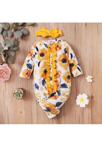 2pcs Baby All Over Sunflower Floral Print Long-sleeve Ruffle Snap-up Jumpsuit Set