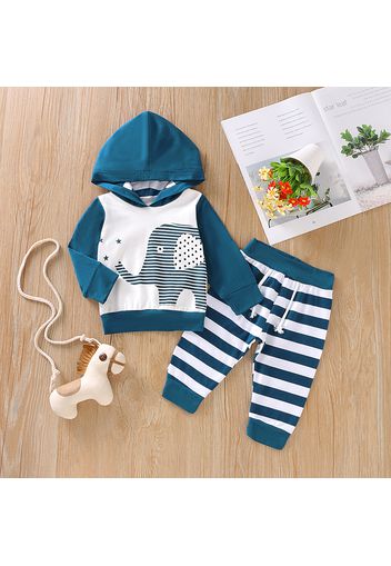 2pcs Striped Elephant Print Hooded Long-sleeve Baby Set