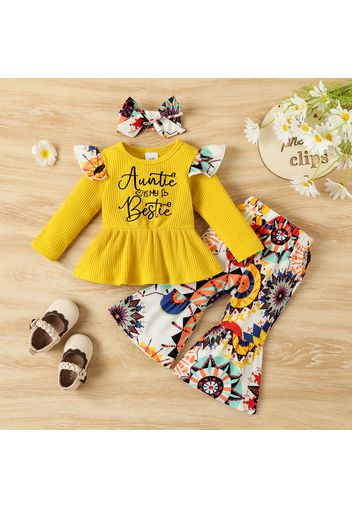 3pcs Baby Girl 95% Cotton Long-sleeve Rib Knit Letter Embroidered Top and Allover Boho Print Flared Pants with Headband Set