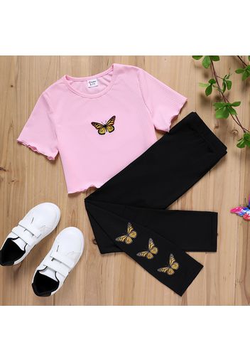 2pcs Kid Girl Butterfly Print Lettuce Trim Pink Short-sleeve Tee and Black Leggings Set