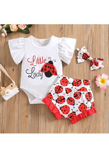 100% Cotton 3pcs Baby Girl Ladybugs/Cow Letter Print Ruffle Short-sleeve Romper and Shorts with Headband Set