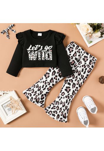 3pcs Baby Girl Letter Print Ruffle Long-sleeve Crop Top and Leopard Flared Pants with Headband Set