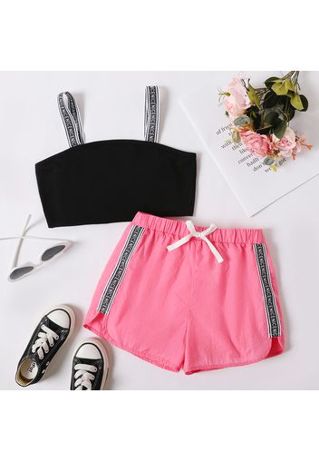 2pcs Kid Girl Letter Print Splice Camisole and Bowknot Design Elasticized Shorts Set