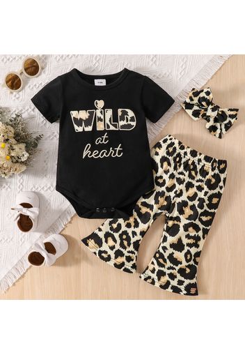 3pcs Baby Girl Letter Embroidered Print Black Short-sleeve Romper and Flared Pants with Headband Set