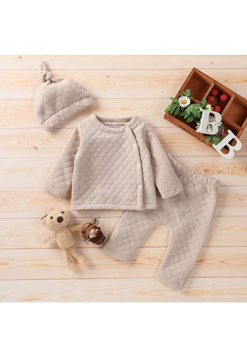 3-piece Baby Girl Button Design Solid Color Textured Long-sleeve Top, Elasticized Pants and Cap Set