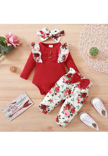 3pcs Baby Red Ribbed Long-sleeve Ruffle Romper and Rose Floral Print Bowknot Trousers Set