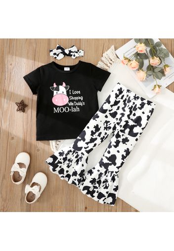 2-piece Toddler Girl Letter Cow Print Short-sleeve Black Tee and Elasticized Flared Pants Set