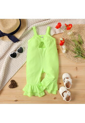 Baby Girl Fluorescent Colored Ribbed Sleeveless Hollow Out Layered Bell Bottom Jumpsuit