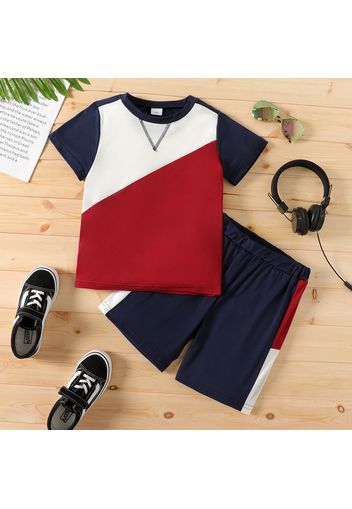 2-piece Kid Boy Casual Colorblock Short-sleeve Tee and Elasticized Shorts Set