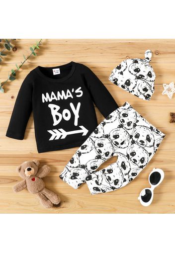 3pcs Baby Boy Letter Print Long-sleeve Tee with Panda Print Trousers and Hat Set