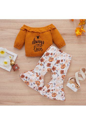 2pcs Baby Letter Print Off Shoulder Long-sleeve Top and Floral Print Bell Bottom Pants Set