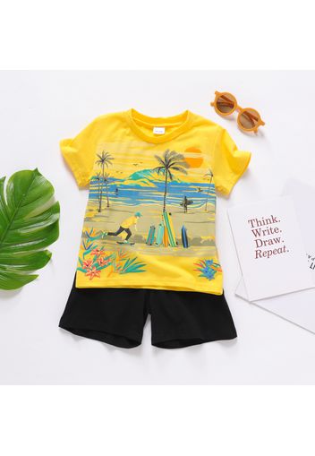 Toddler Boy 2pcs Beach Short-sleeve Yellow T-shirt Top and Solid Black Shorts Set