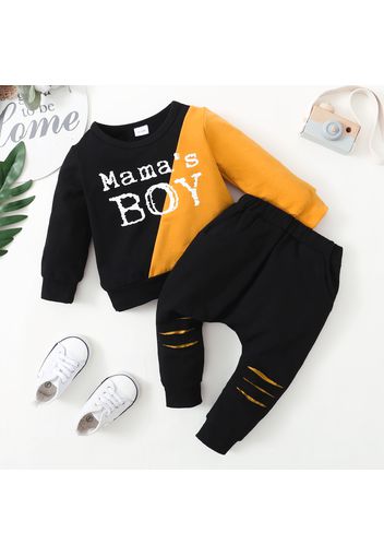 2pcs Baby Boy Letter Print Color Block Long-sleeve Sweatshirt and Ripped Trousers Set