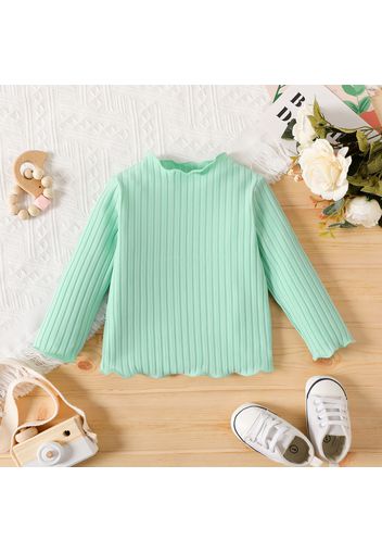 Baby Girl Solid Rib Knit Lettuce Trim Long-sleeve Top