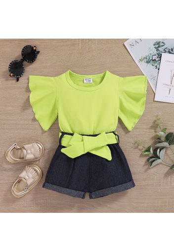 2pcs Baby Girl Solid Ruffle-sleeve T-shirt and Belted Denim Shorts Set