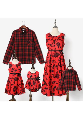 Family Matching All Over Floral Print Red Sleeveless Dresses and Long-sleeve Plaid Shirts Sets