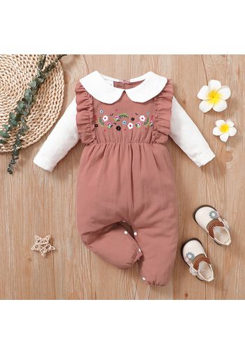 100% Cotton Baby Girl Floral Embroidered Doll Collar Ruffle Long-sleeve Jumpsuit