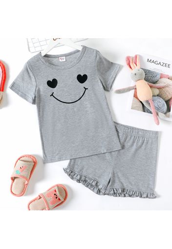 2-piece Kid Girl Smile Print Short-sleeve Tee and Ruffled Elasticized Shorts Set