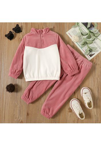 2-piece Toddler Girl Colorblock Zipper Stand Collar Corduroy Sweatshirt and Solid Color Pants Set