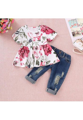 2pcs Baby Girl Floral Print Short-sleeve Top and Ripped Jeans Set