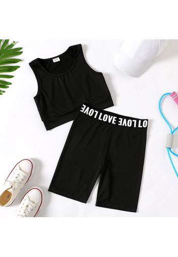 2pcs Kid Girl Solid Color Tank Top and Letter Print Shorts Sporty Set