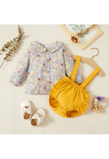 100% Cotton Baby Girl 2pcs Floral Doll Collar Long-sleeve Top and Solid Ruffle Overalls Set