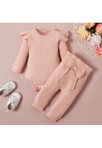 Ribbed 2pcs Solid Ruffle and Bowknot Decor Long-sleeve Baby Set