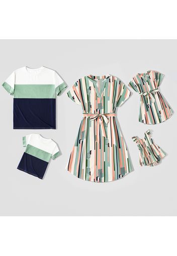 Family Matching Geometric Striped V Neck Drop Shoulder Belted Dresses and Colorblock Short-sleeve T-shirts Sets