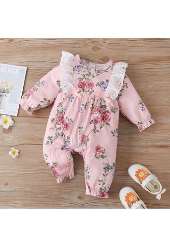 Floral Allover Bow and Lace Decor Long-sleeve Baby Jumpsuit