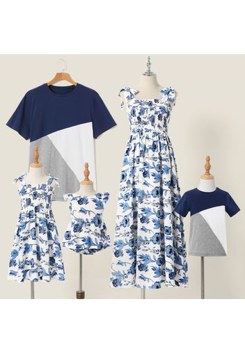 Family Matching Blue Floral Print Sleeveless Shirred Dresses and Colorblock Short-sleeve T-shirts Sets