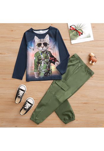 2-piece Kid Boy Cat Cartoon Vehicle Print Long-sleeve Tee and Cargo Pants Set