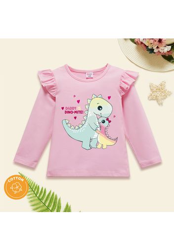 Toddler Girl Graphics Dinosaur and Heart-shaped and Letter Print Ruffle Long-sleeve Tee