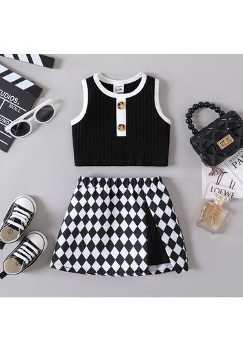 2pcs Baby Girl Black and White Ribbed Tank Top with Checkered Split Skirt Set