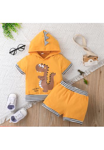 2pcs Baby 95% Cotton Short-sleeve Stripe Design Cartoon Dinosaur Print Hooded Top and Shorts Set