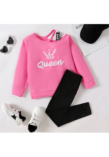 2pcs Kid Girl Letter Print Cut Out Long-sleeve Pink Tee and Black Leggings Set