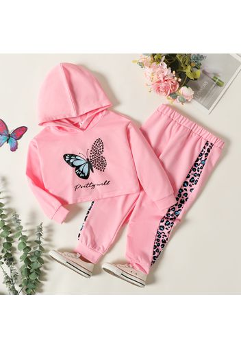 2-piece Toddler Girl Letter Butterfly Print Pink Crop Hoodie Sweatshirt and Leopard Print Pants Set