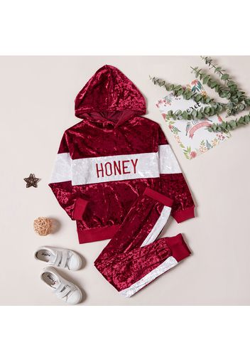 2-piece Kid Girl Letter Print Colorblock Velvet Hoodie Sweatshirt and Elasticized Pants Set