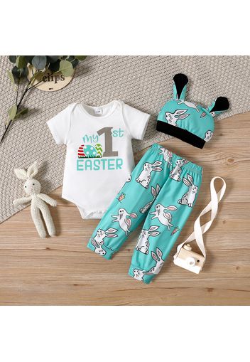 Easter 3pcs Baby Boy/Girl Letter Print Short-sleeve Romper and Cartoon Rabbit Print Pants with Hat Set