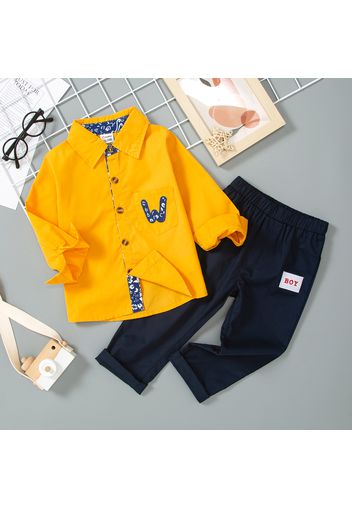 2-piece Toddler Boy Letter Applique Lapel Collar Long-sleeve Yellow Shirt and Solid Dark Blue Pants Set