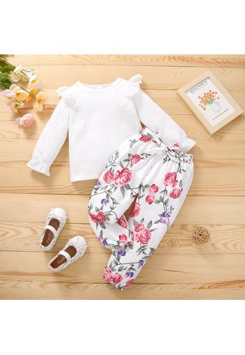 2-piece Toddler Girl Ruffled Schiffy Cable Knit Textured Long-sleeve top and Floral Print Belted Pants Set