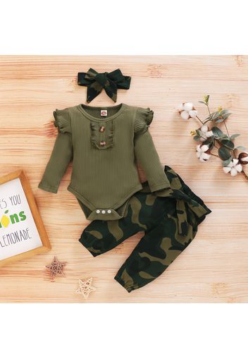 Ribbed 3pcs Camo Print Long-sleeve Baby Set