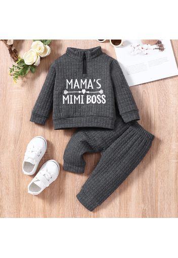 2pcs Baby Girl Letter Embroidered Textured Long-sleeve Zip Top and Trousers Set