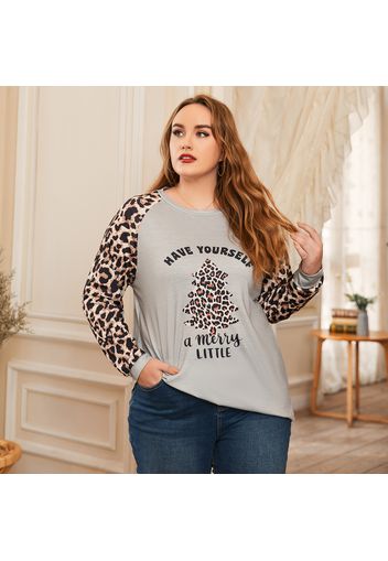 Women Plus Size Casual Christmas Tree Letter Leopard Print Long-sleeve Tee