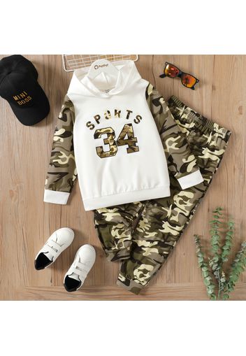 2pcs Kid Boy Camouflage Letter Print Hooded Sweatshirt and Elasticized Pants Set