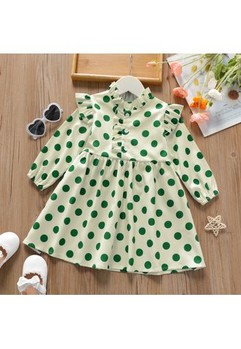 Toddler Girl Ruffle Collar Polka dots/Cactus Print Button Design Long-sleeve Dress