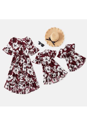 Floral Print Ruffle-sleeve  Irregular Hem Dresses